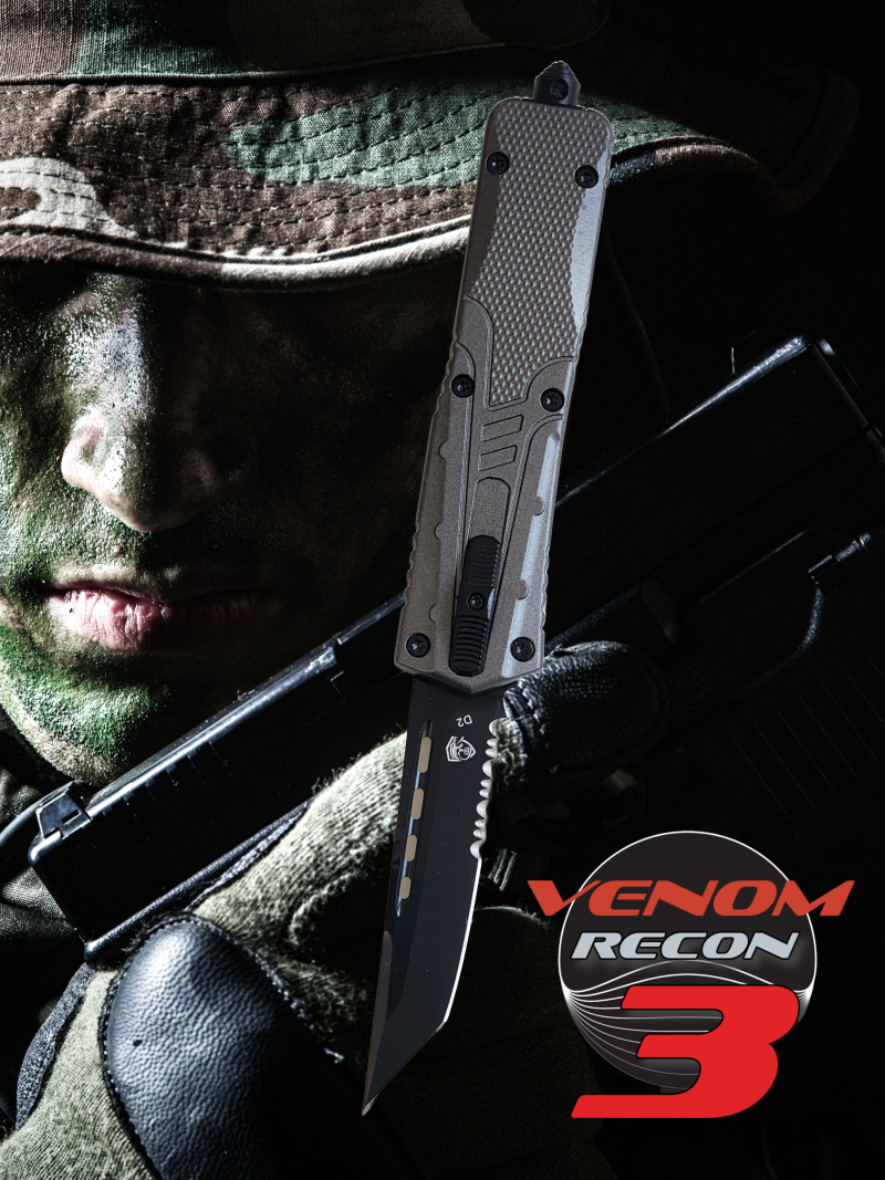 Unleashing Precision: The Venom Recon 3 Automatic OTF Knife in Sleek Gray with Black Tanto Blade