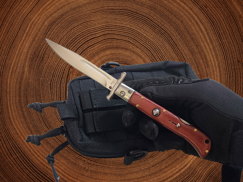 AKC 9" Italian Roma Swinguard Automatic Knife - Red Pakka Wood (3.75" Polished)