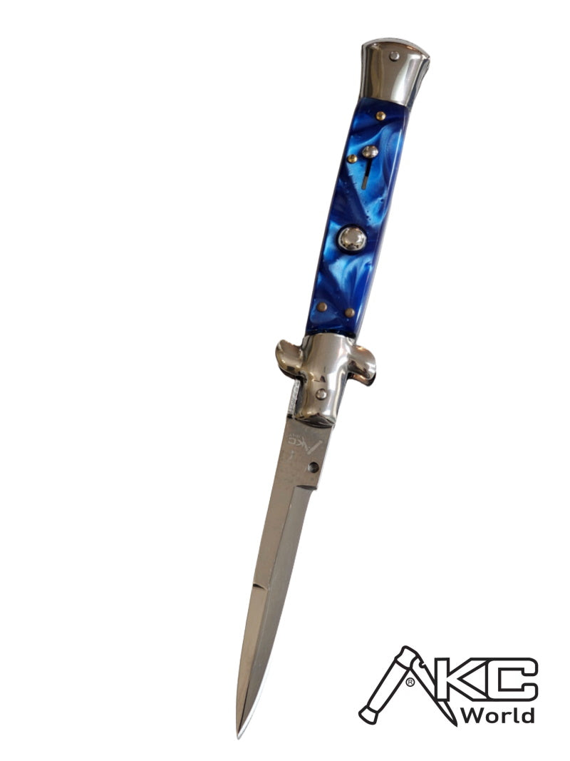 AKC 9" Italian Stiletto Blue Pearl Automatic Knife - (3.75" Bayonet)