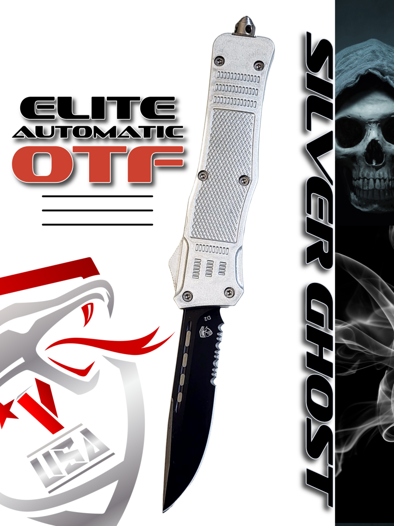 Venom 4TR ELITE Tactical OTF Knife - Silver Ghost - SH (Black Drop Point Par Ser 3.4")