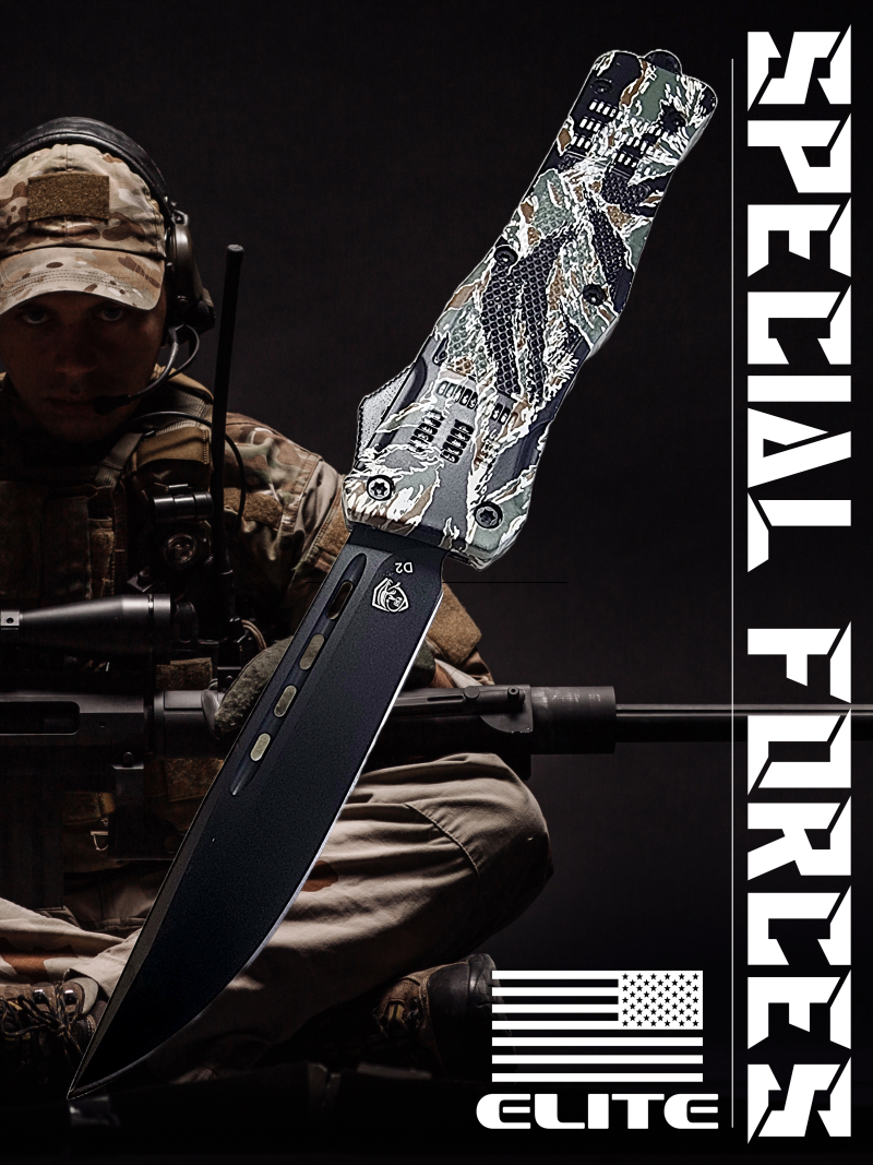 Venom 4TR ELITE Tactical OTF Knife - Tiger Camo (Black Drop Point 3.4")