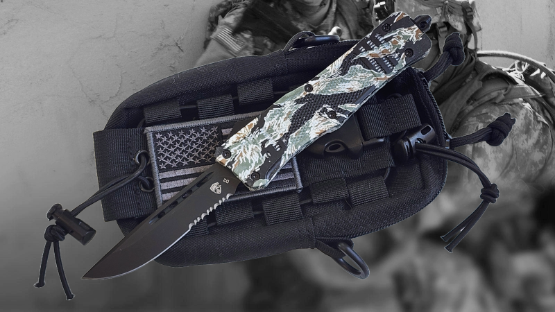 Venom 4TR ELITE Tactical OTF Knife - Tiger Camo (Black Drop Point Par Ser 3.4")