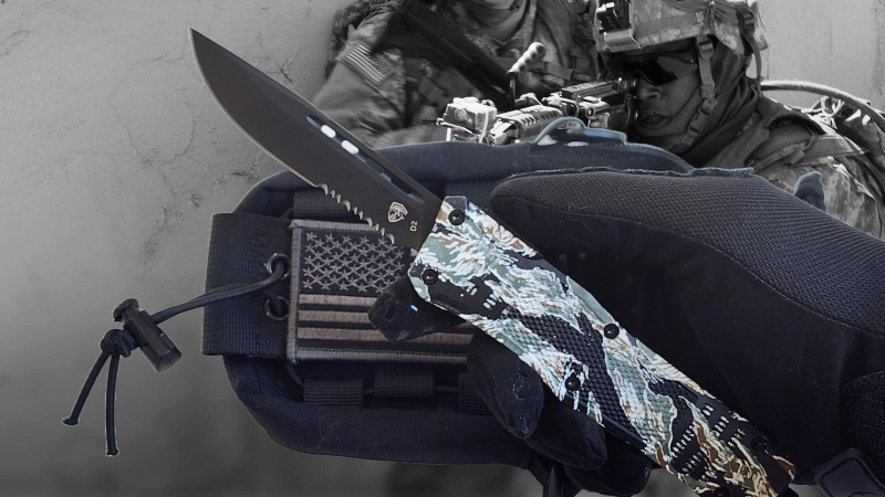 Venom 4TR ELITE Tactical OTF Knife - Tiger Camo (Black Drop Point Par Ser 3.4")