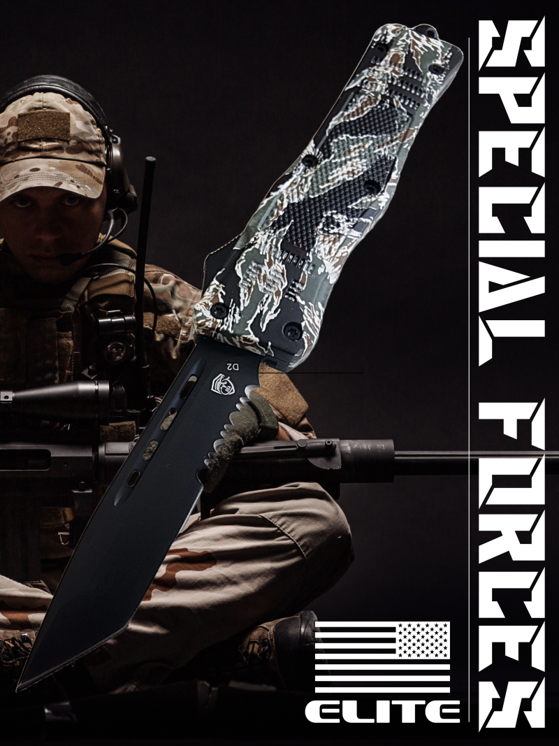 Venom 4TR ELITE Tactical OTF Knife - Tiger Camo (Black Tanto Par Ser 3.4")