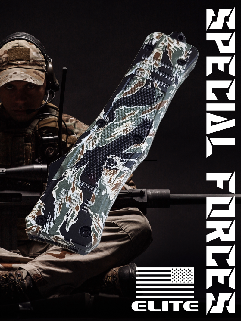 Venom 4TR ELITE Tactical OTF Knife - Tiger Camo (Black Tanto Par Ser 3.4")