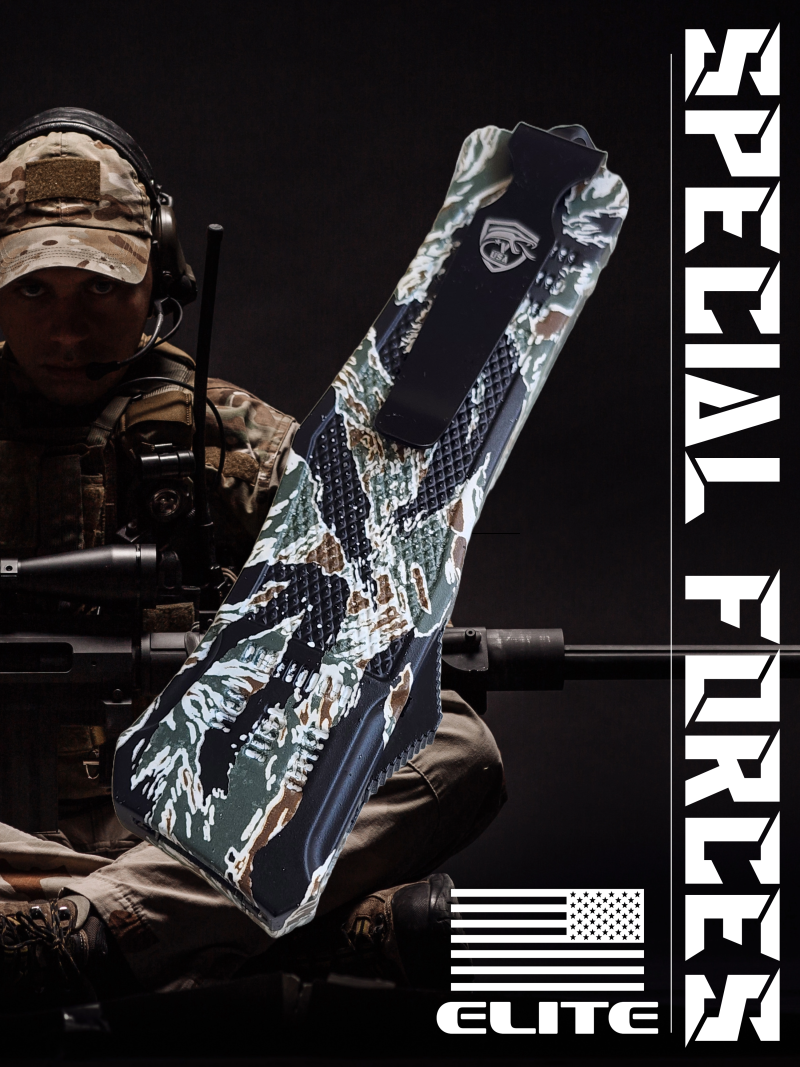 Venom 4TR ELITE Tactical OTF Knife - Tiger Camo (Black Tanto Par Ser 3.4")