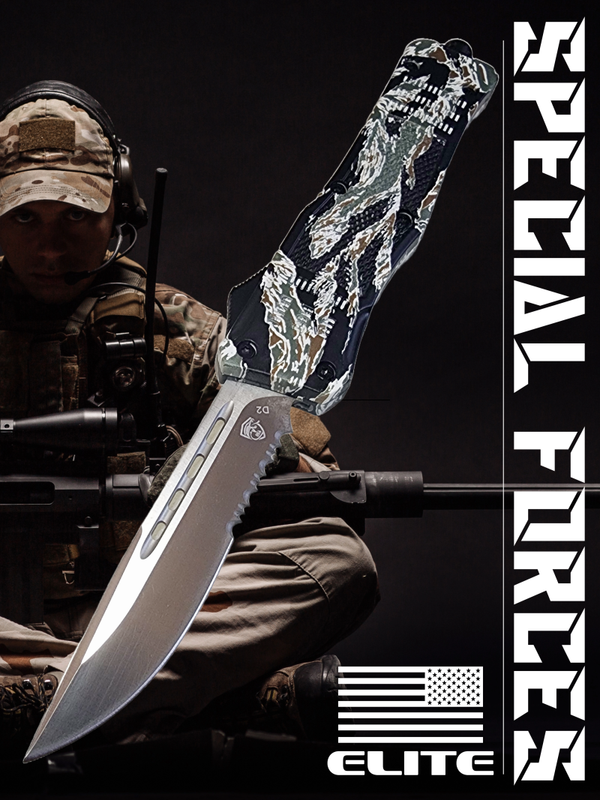 Venom 4TR ELITE Tactical OTF Knife - Tiger Camo (Satin Drop Point Par Ser 3.4")