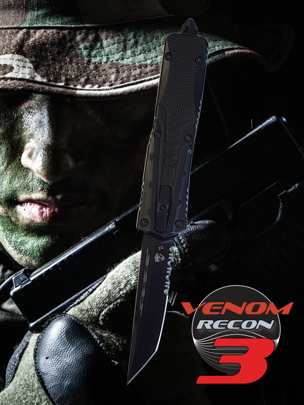 Venom Recon 3 Automatic OTF Knife - Black (Black Tanto Par Ser 3.25")