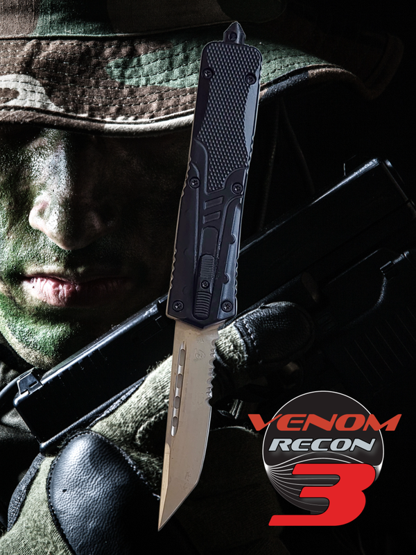 Venom Recon 3 Automatic OTF Knife - Black (Satin Tanto Par Ser 3.25")